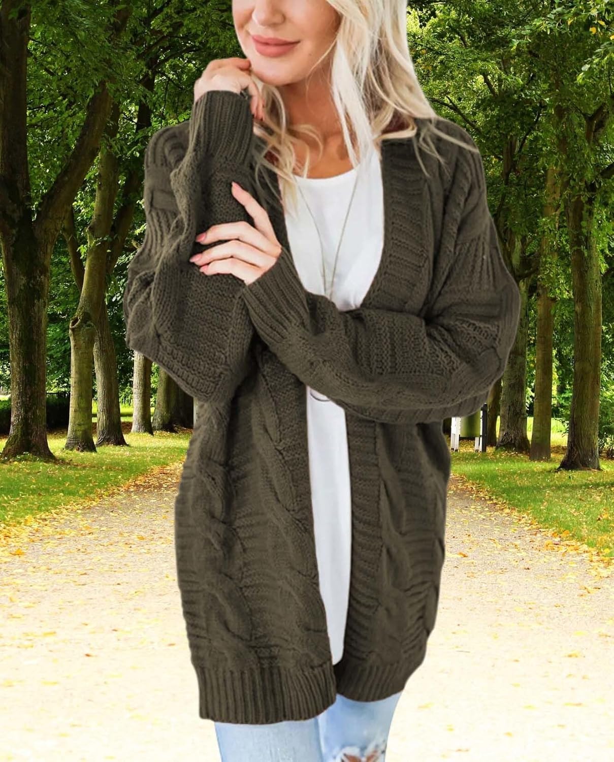 Long Sleeve Cable Knit Womens Cardigan Oversized Long Sweater Loose Casual Solid Color Mid Length Chunky Style - Image 2