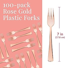 Prestee Set of 100 Rose Gold Plastic Forks Disposable - 7-in Heavy-Duty Fork Flatware - Bulk Pack Fancy Silverware - Sturdy Pink Cutlery for Weddings, Birthday Parties, Buffets, Catering and Events