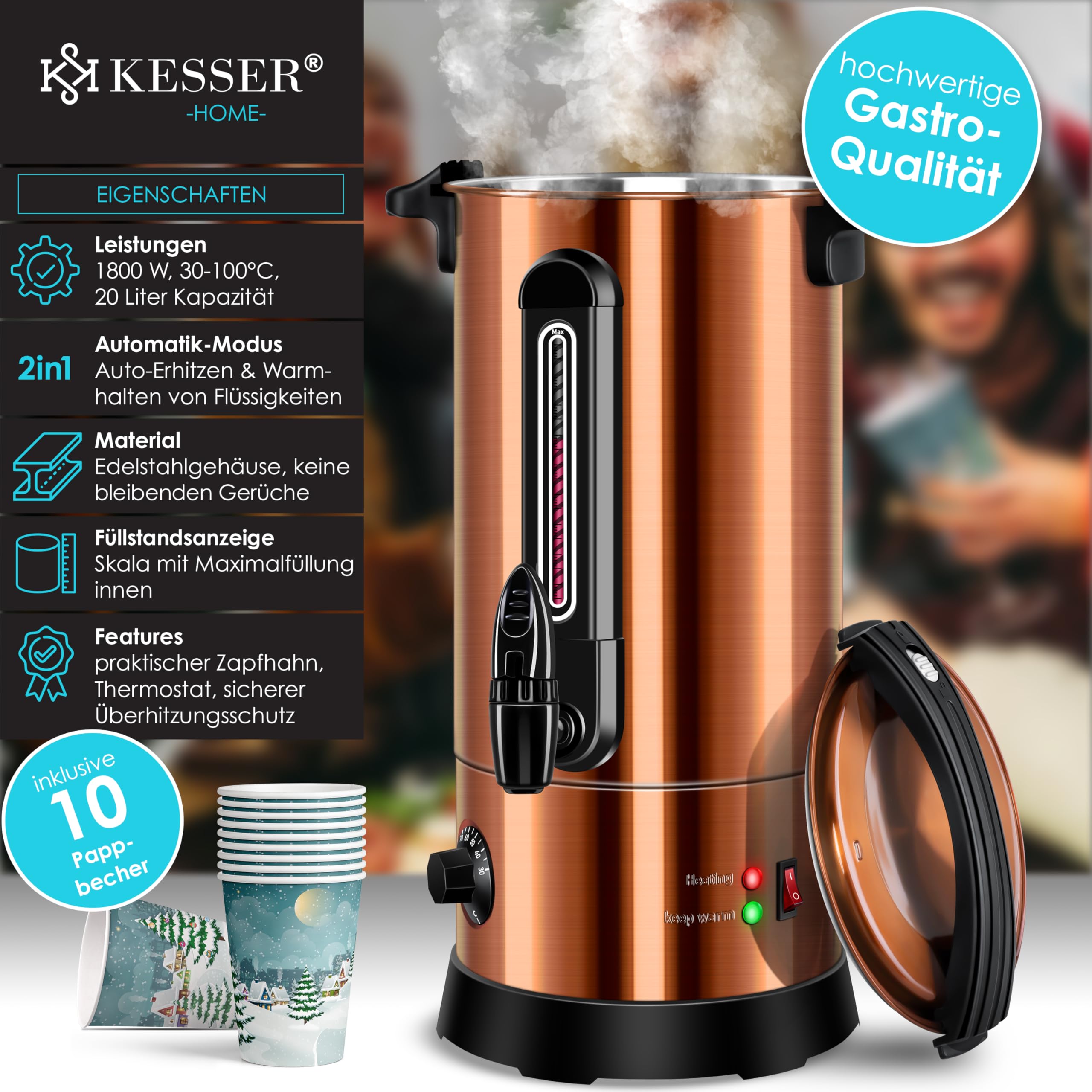 KESSER Hervidor de vino caliente 6,8/10/20/30L, acero inoxidable, incluye vaso, hervidor de vino caliente con termostato, máquina expendedora de bebidas calientes, hervidor de agua caliente