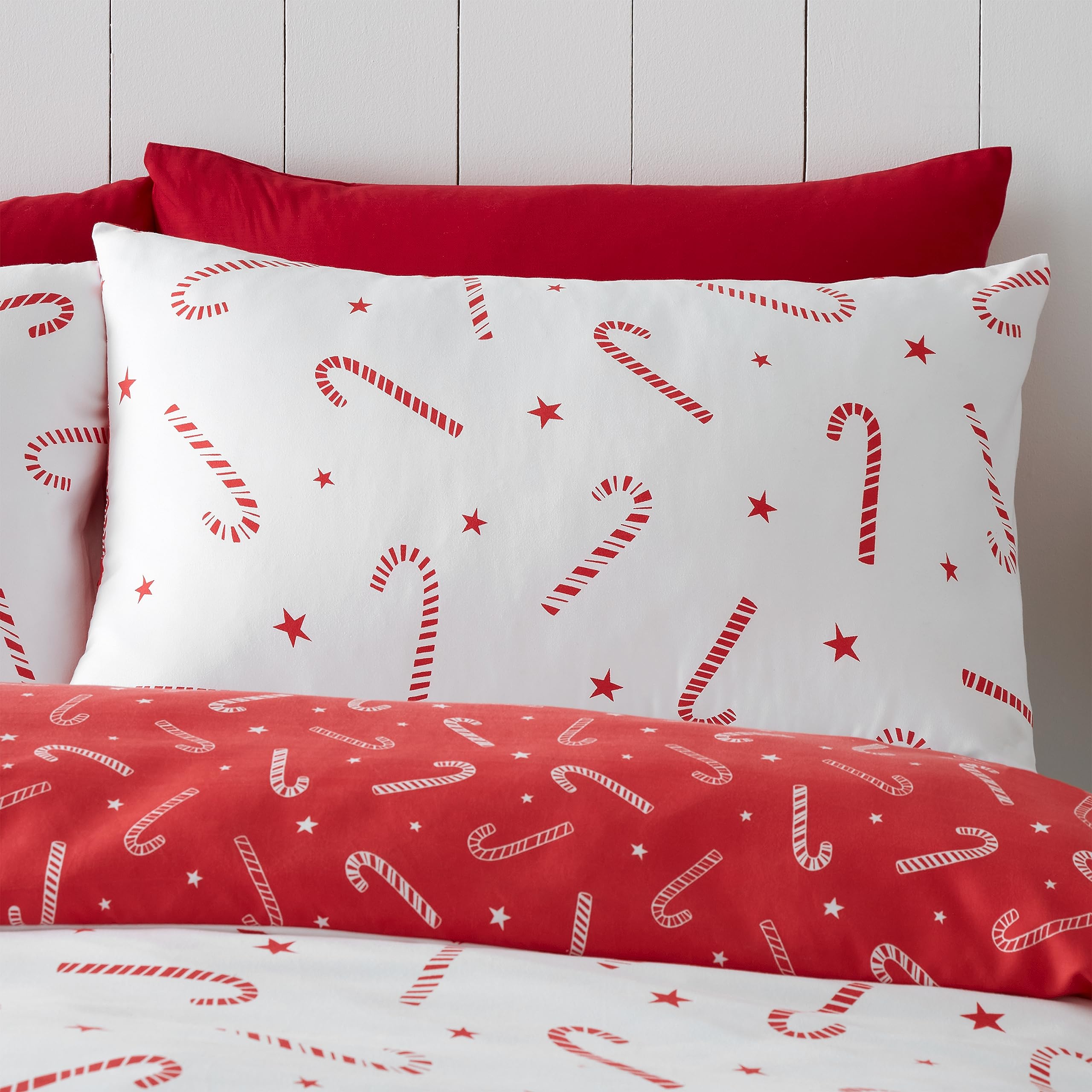 Catherine Lansfield Set copripiumino matrimoniale reversibile con federe, motivo: bastoncini di zucchero, colore: rosso/bianco