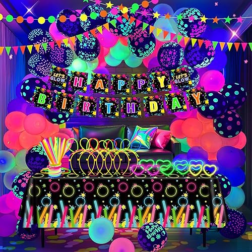 Miniatura 12 de Kit de guirnalda de arco de globos de neón de 160 piezas, decoraciones de fiesta de cumpleaños que brillan en la oscuridad, globos UV, pancarta de