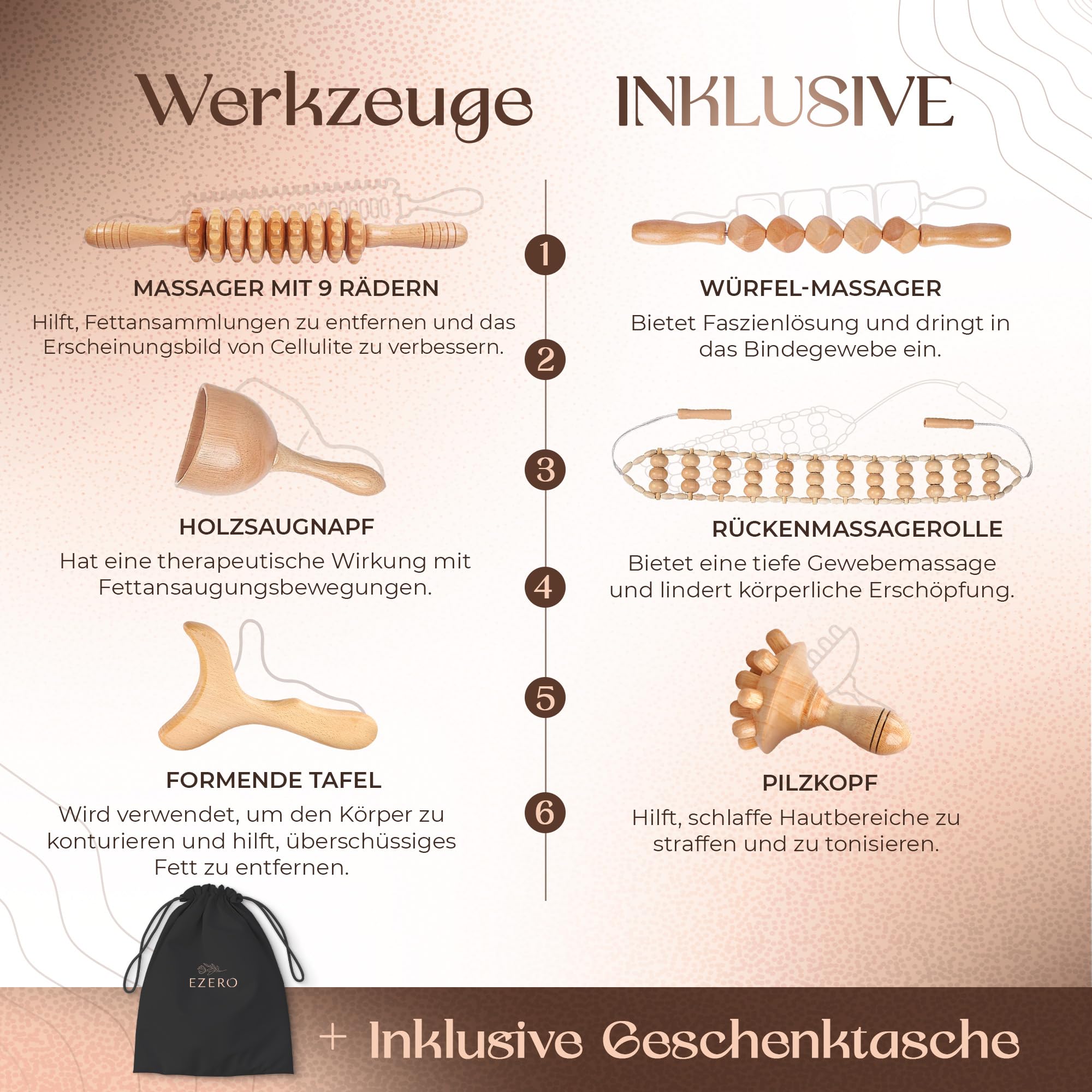Ezero Maderotherapie Set 6 Stück – Professionelles Maderotherapie Holz Massage Set & Wood Therapy Massage Tools mit Faszienstab – Für Lymphdrainage, Anti-Cellulite Massage und Körperformung