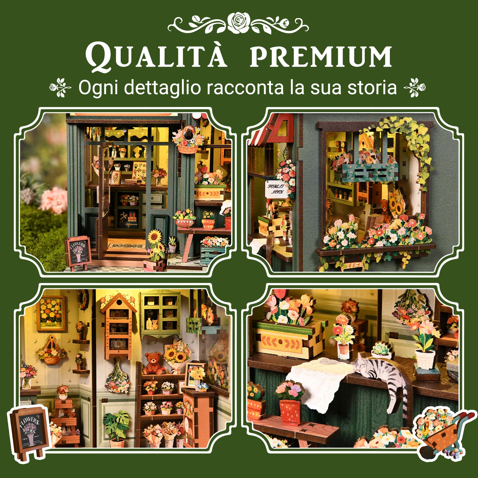 Kit Book Nook, kit fai da te in miniatura, negozio di fiori Aura Verde, kit creativo Book Nook, puzzle in legno 3D, fermalibri con luce LED, decorazione romantica e regalo