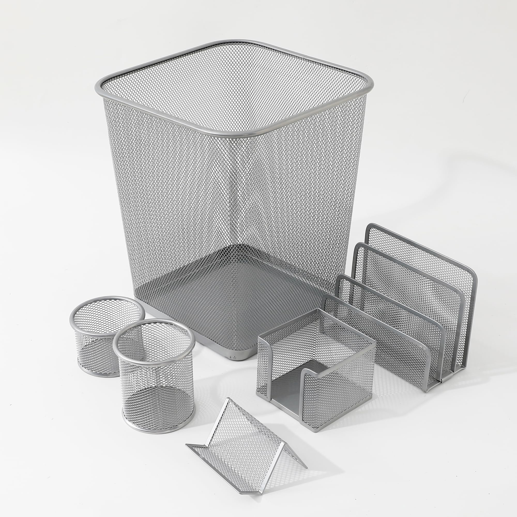 The Better Home Set di 6 organizer da scrivania, per carta, penne, matite, pennelli, biglietti da visita, design in rete metallica antiruggine, multiuso, include pattumiera, plastica verniciata a