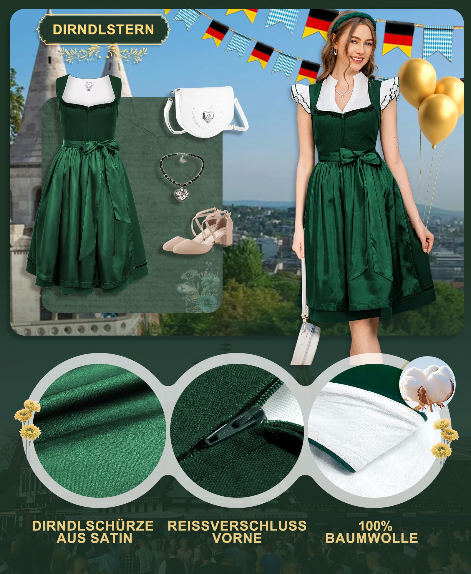 DIRNDLSTERN Damen Trachtenrock Grün - Midi Trachtenkleid für Oktoberfest Leinen Dirndlkleid mit Dirndlschürzen
