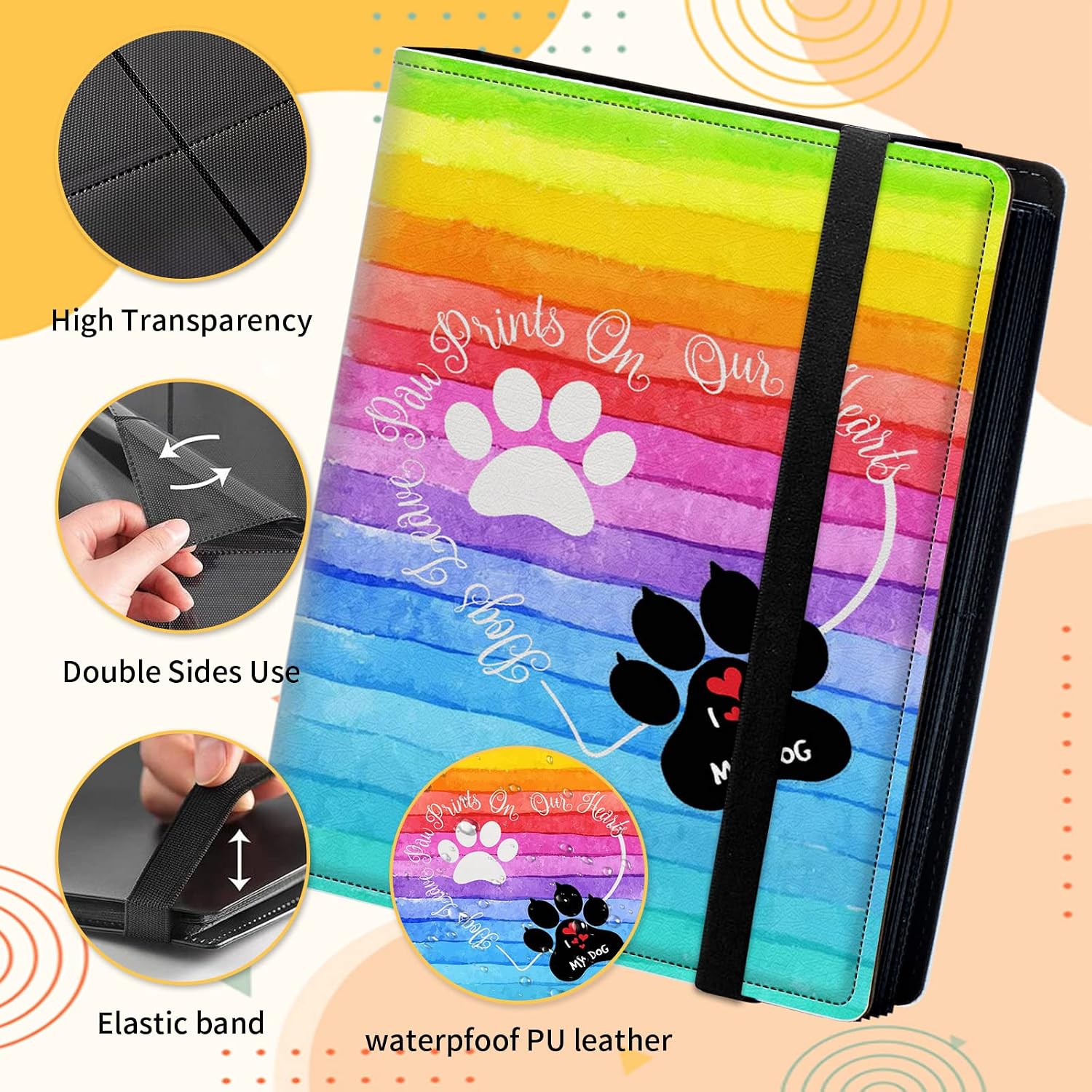 Trading Card Binder for Pokemon Baseball Football Hockey Soccer Sport TCG MTG Yugioh Cards Holder Binder Book 4-Pocket Sleeve 320 Pockets Side Loading Card Case Album-Dog Pawprint Rainbow