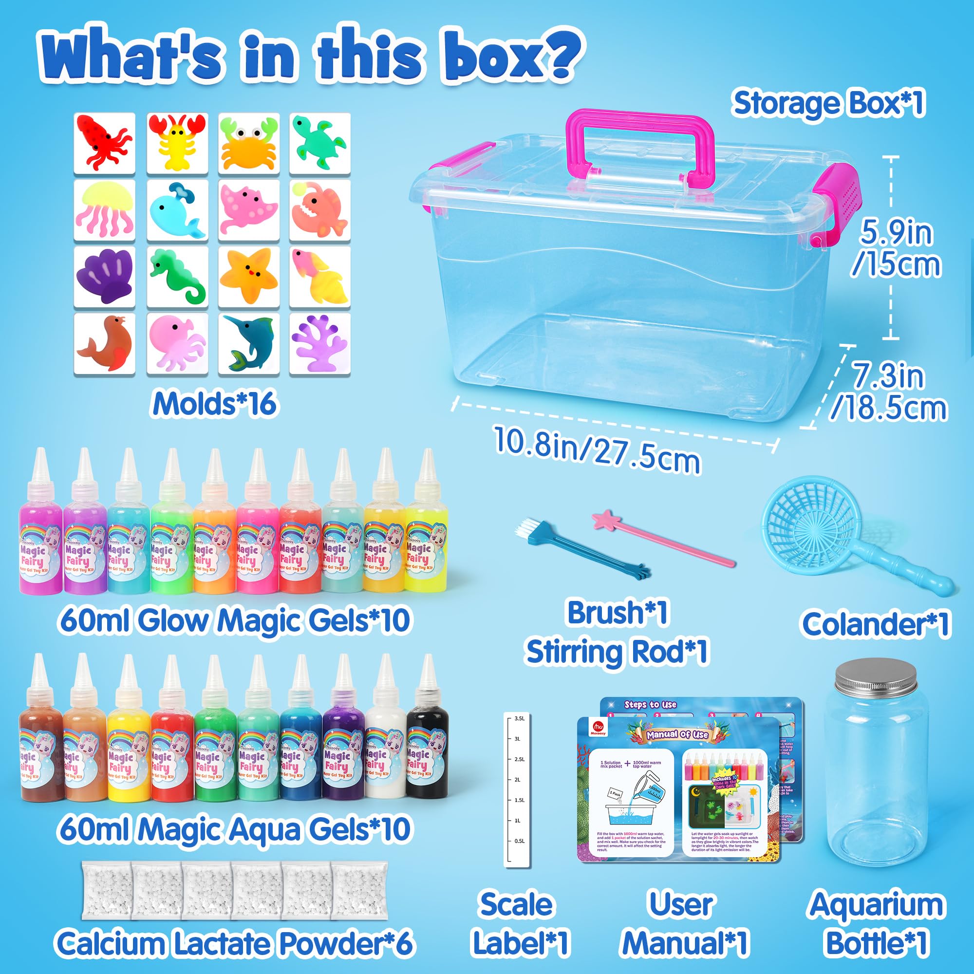 Mocoosy Brilla en la oscuridad Kit de gel de agua mágico, Aqua Gelz 3D Elfo Mágico de Agua Set con 20 Colores &16 Formas, Magic Water Elf, DIY Juguetes Creativos Regalo para Niños Niñas 4 5 6 7 8 Años