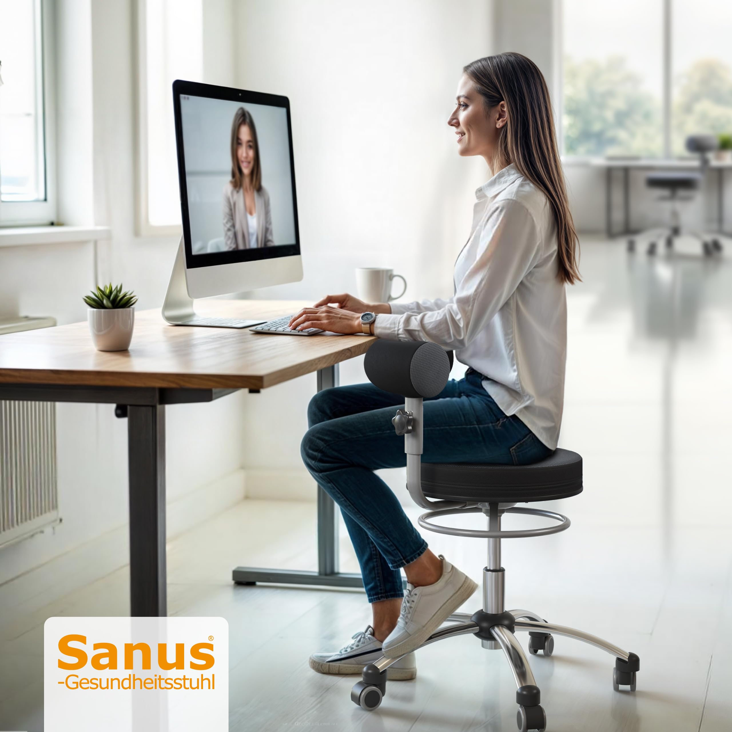 Sanus®-Gesundheitsstuhl | Rollhocker mit 360° Lehne, höhenverstellbarer Lehne, Sitzhöhe (42-51 cm), Stoffbezug grau/schwarz, Rollstopp-Rollen. Ergonomischer Bürostuhl, Erzieherstuhl