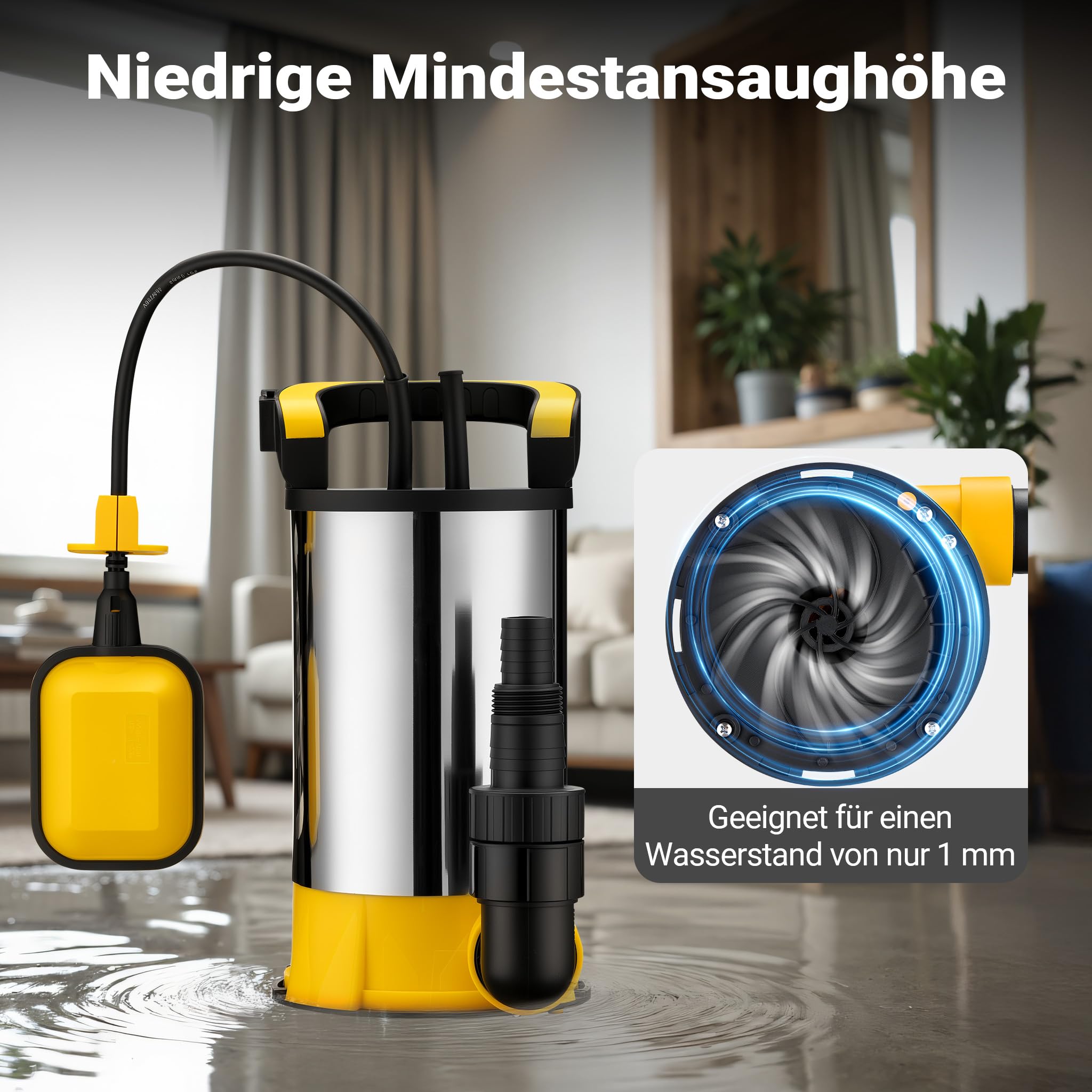 Wiltec Tauchpumpe mit Schwimmer Edelstahl 850 W, flachabsaugende Pumpe bis 1 mm, Tiefbrunnenpumpe bis 7 m Tiefe & 8,5 m Förderhöhe, Flachsaugerpumpe für Klarwasser