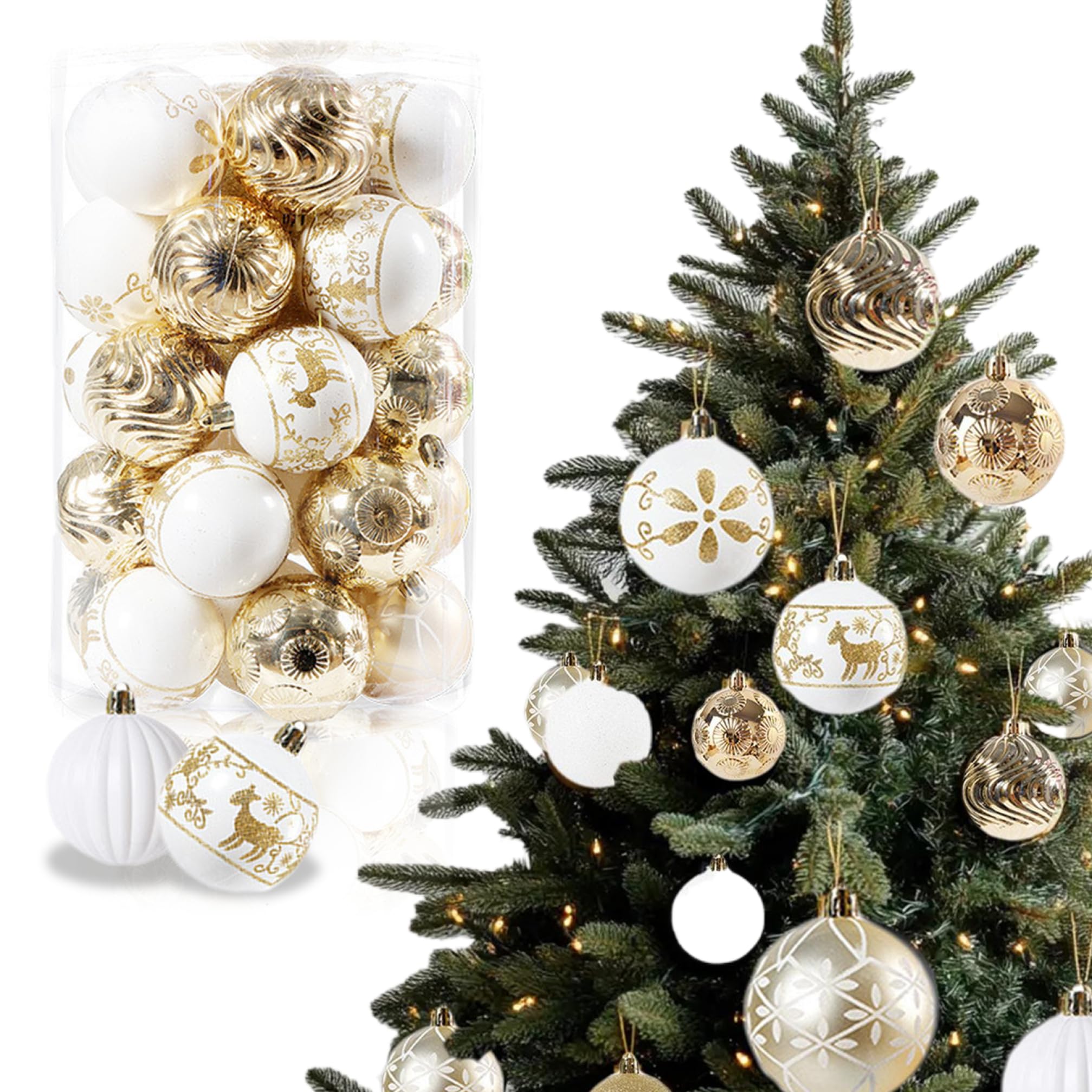 34 Unids/Caja Bolas de Navidad 2.4 Adornos de Bolas de Navidad con Purpurina de PVC irrompibles con Lazo para Colgar para Fiesta navideña Guirnalda de Corona de árbol de, Oro Blanco.