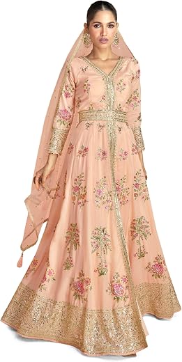 Miss Ethnik Women's Peach Chinon Stitched Top With Bottom and Dupatta 3/4 Sleeve Embroidered Kurta Pant Set