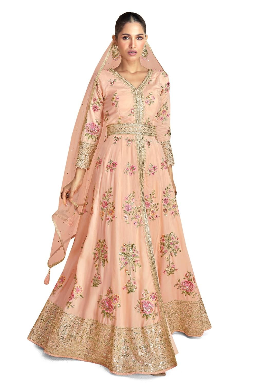 Miss Ethnik Women's Peach Chinon Stitched Top With Bottom and Dupatta 3/4 Sleeve Embroidered Kurta Pant Set - Review, Price and Buying Guide