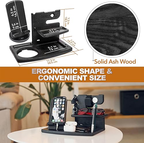 Miniatura 5 de TESLYAR Estación de acoplamiento giratoria de madera para teléfono con reloj para iPhone, soporte para llaves de ceniza, soporte para cartera,
