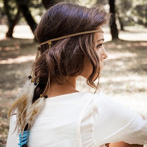 Miniatura 9 de XunYee Diadema de plumas hippie para mujer, accesorios hippie, diadema india, accesorios para el cabello de plumas para disfraz