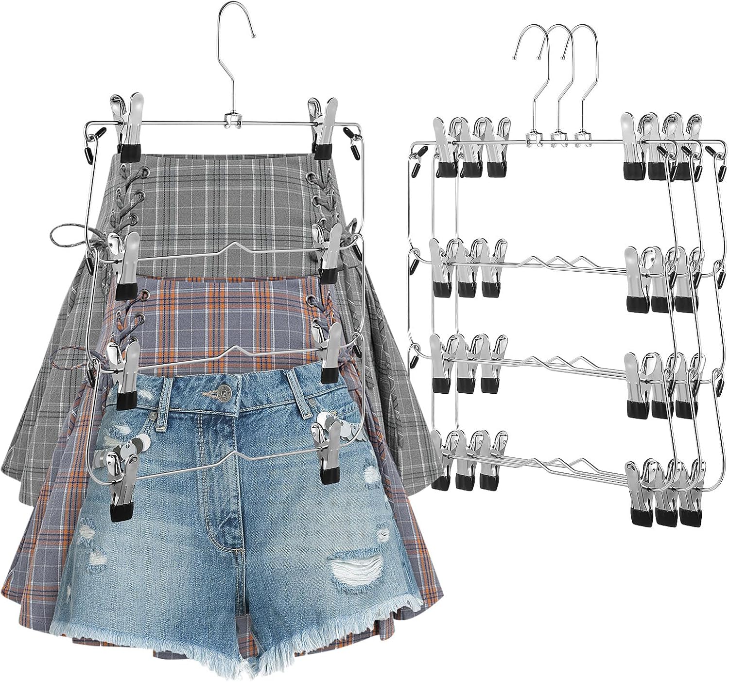 4 Pcs Multi-Layer Skirt Hangers with Clips 4-Tier High Manganese Steel Pants Hanger Space-Saving Closet Organizer for Clothes Storage