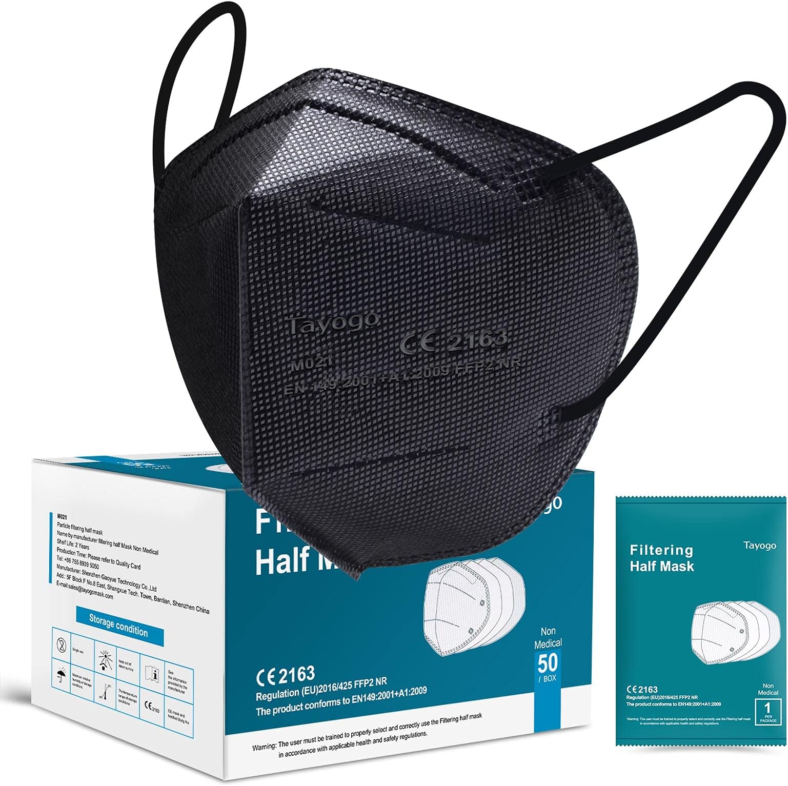 Tayogo FFP2 Disposable Face Masks,KN95 Mask Protection for Women Men Adult,5-Ply High Filtration with UK CE Certified,50Pack Black Masks