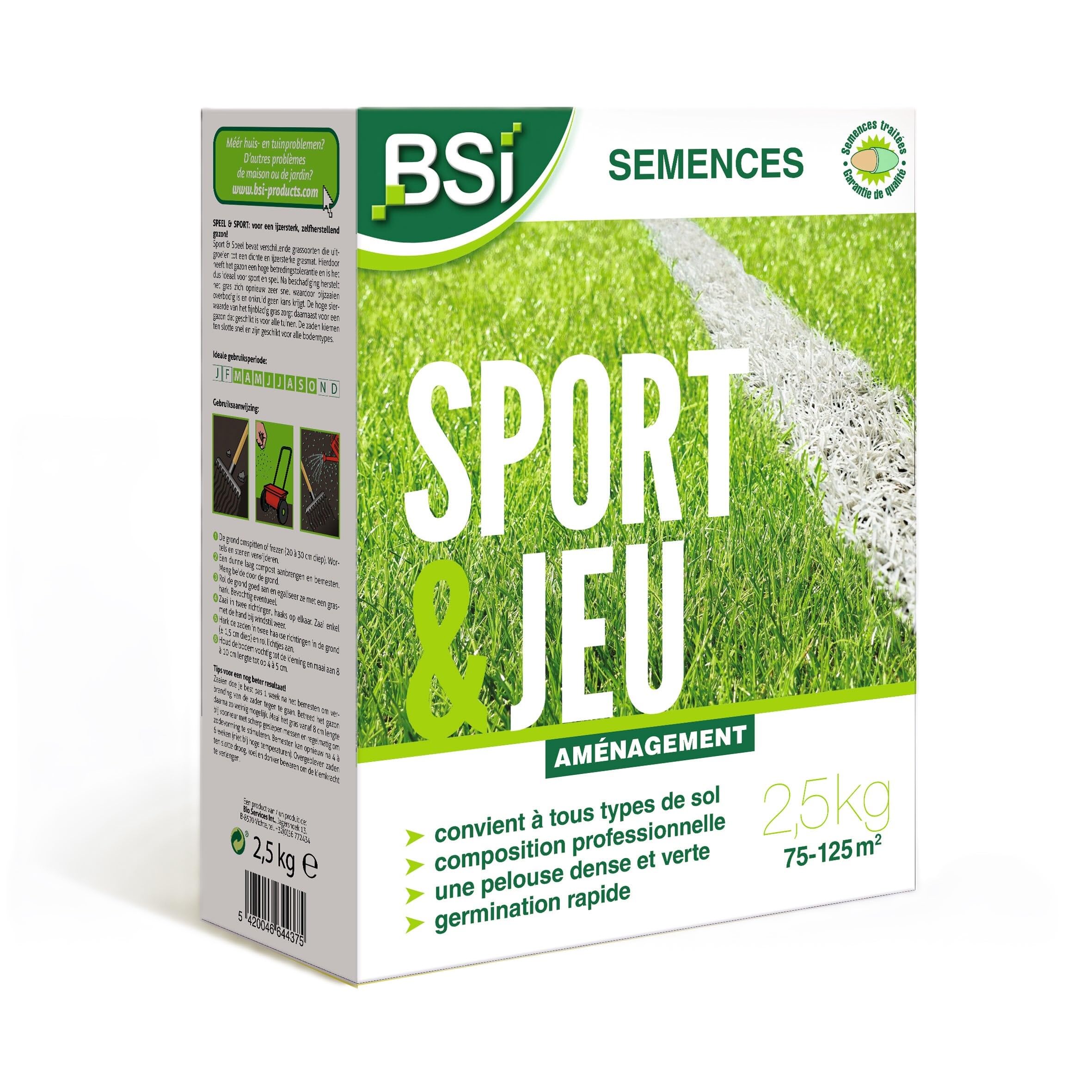 BSI - Semences de Gazon - Sport & Jeu - Avec Enrobage Protecteur - Haute qualité - jusqu'à 125 m² - 2,5Kg, Beige