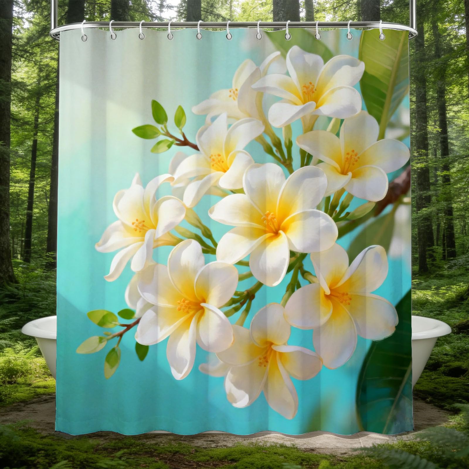 Hongduo White 3D Frangipani Shower Curtain For Stalls Bathtubs Zen Bathroom Decor Shower Curtain Set Polyester Fabric Waterproof 180X180cm/71X71 Inch With Hooks