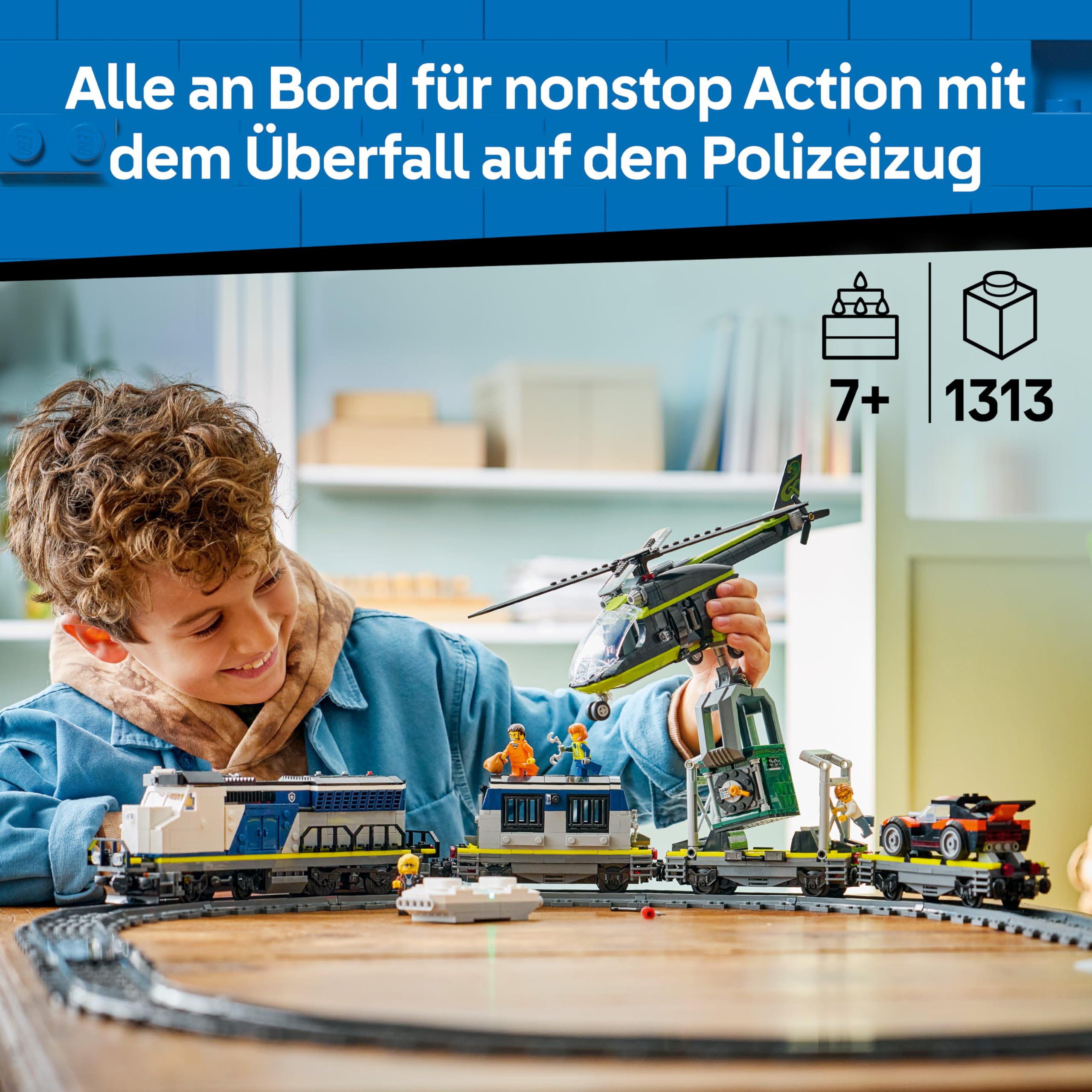 LEGO City Überfall auf den Polizeizug - Ferngesteuerter Spielzeug Zug - Modellbau mit kreisförmiger Strecke, Helikopter, Rallyeauto und 6 Minifiguren - Geschenk für Jungen ab 7 Jahren - 60508