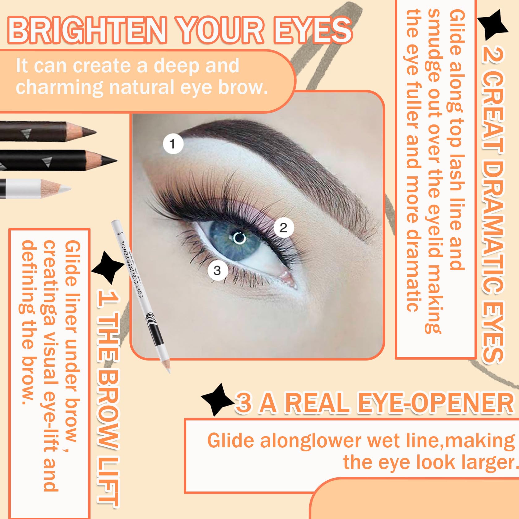 12 lápices delineadores de ojos, color negro, blanco, marrón oscuro, impermeable, a prueba de manchas, larga duración, mate, delineador, lápices de maquillaje, lápiz delineador de ojos de 3