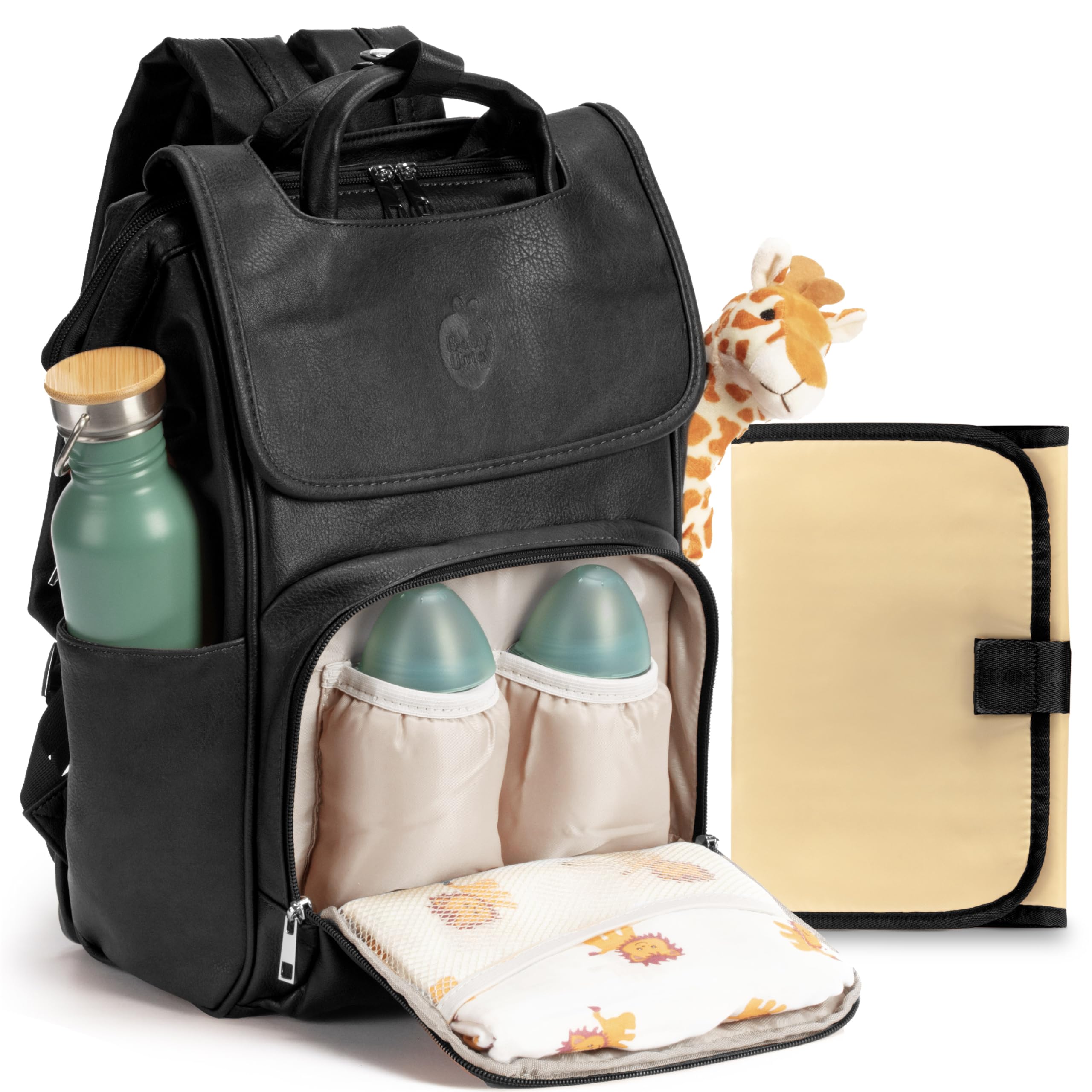 Baby Uma Award-Winning Baby Changing Bag Backpack - Leather-Style for Mum & Dad, Nappy Bag with Insulated Bottle Holders, Multiple Compartments & Changing Mat