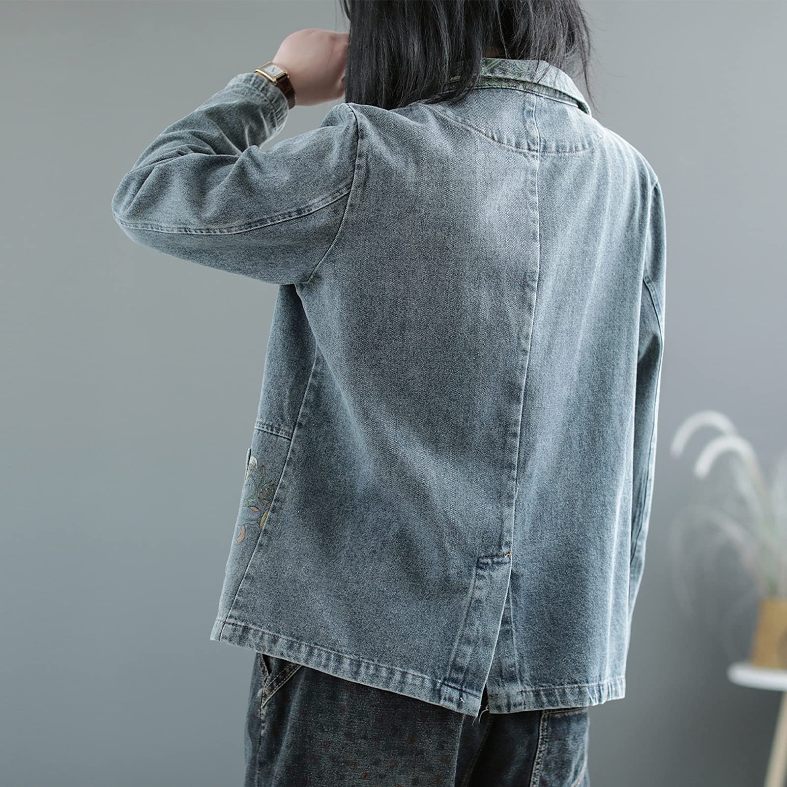 Blazer da donna in denim di cotone, a maniche lunghe, con bottoni da bavero, giacca da lavoro e da ufficio