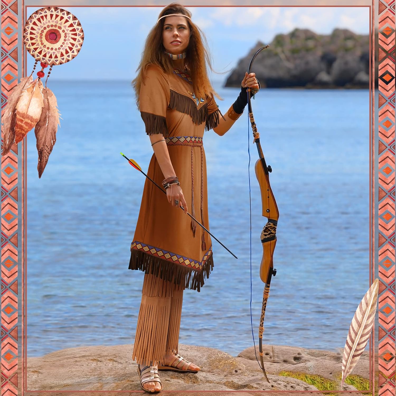 Jadive Women Native American Outfits Set Maiden Princess Dress up Indian Costume - Image 6