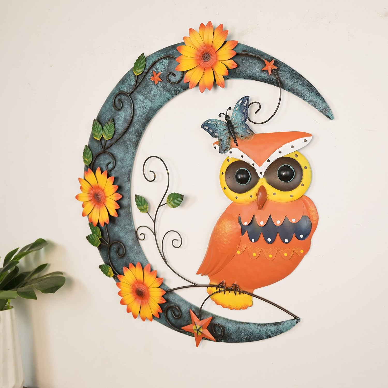 Remenna Metal Sun Wall Art Decor 21.5inch Hanging for Indoor Outdoor Home Bedroom Living Room Office Garden Yard Patio Rustic Finish (OWL&MOON)