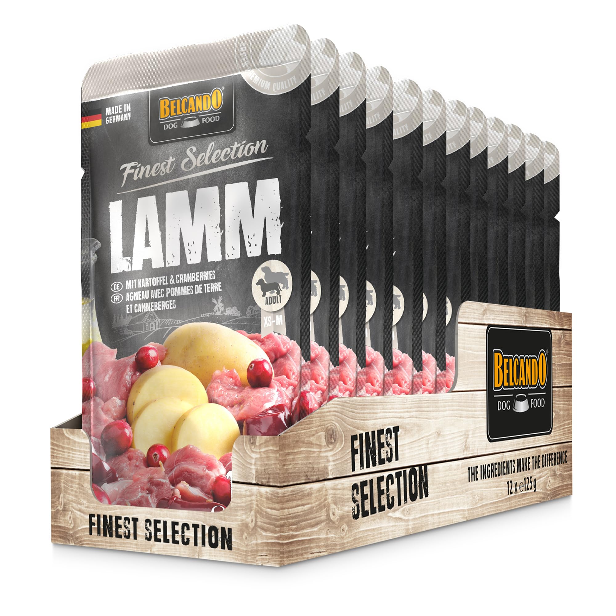 BELCANDO Frischebeutel [12x125g Lamm mit Kartoffel & Cranberries] | Nassfutter für Hunde | Feuchtfutter Alleinfutter im Einzelportionsbeutel