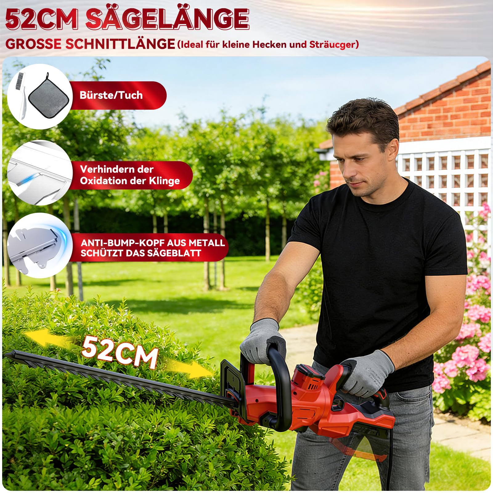 Akku-Heckenschere, für Makita 18V Akkus, Lange Heckenschere (ohne Akku) | Bürstenloser Motor, 52 cm Schnittlänge, 14 mm Zahnabstand, 270° drehbarer Kopf, Inklusive Reinigungspinsel