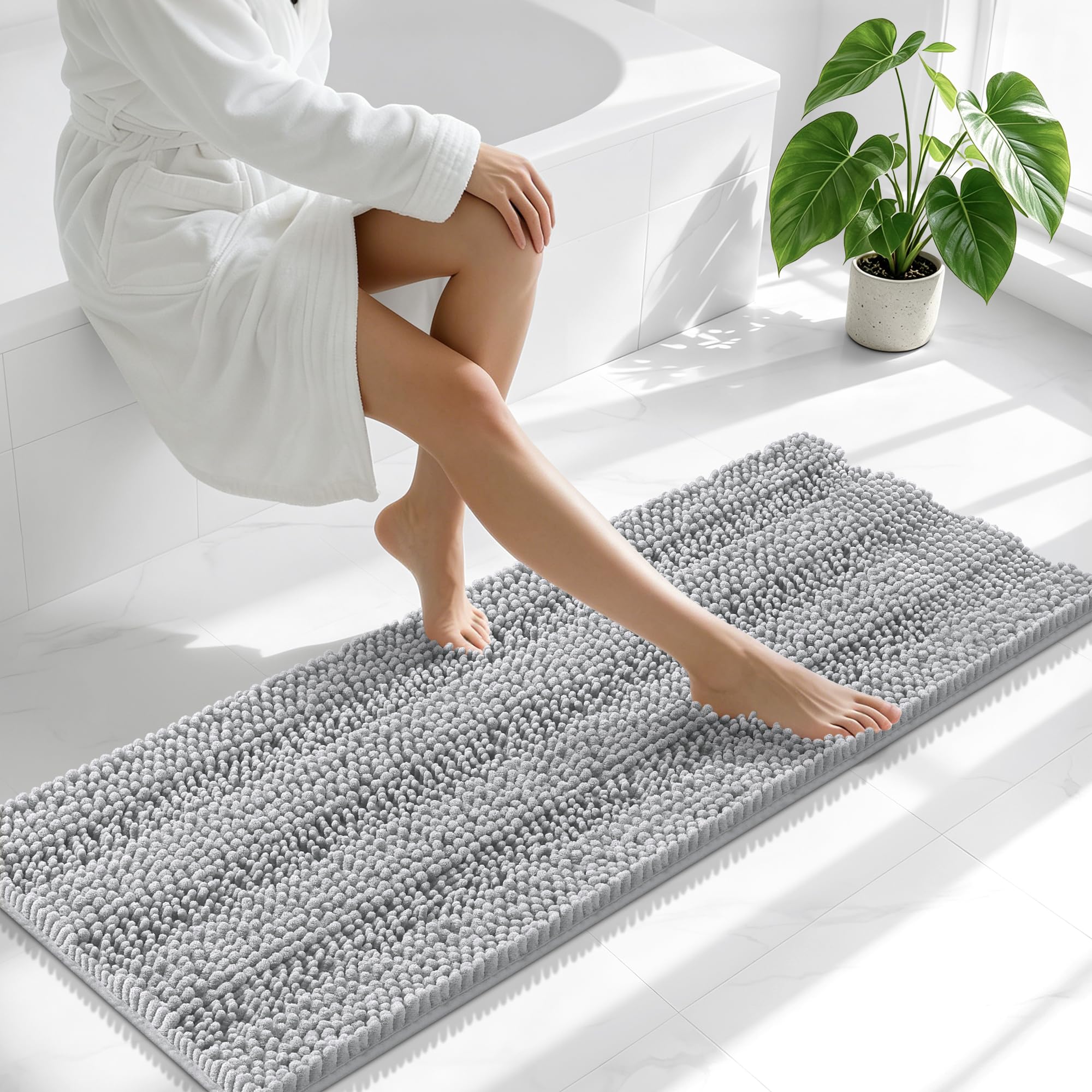 Smiry Thick Chenille Bathroom Runner Rugs 47x17, Soft Bath Mat, Light Grey