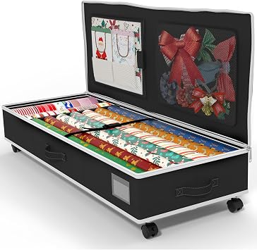 GoMaihe Wrapping Paper Storage with Wheels Fits 41" Gift Wrap Papers Storage for Ribbon Accessories with Pockets Dividers
