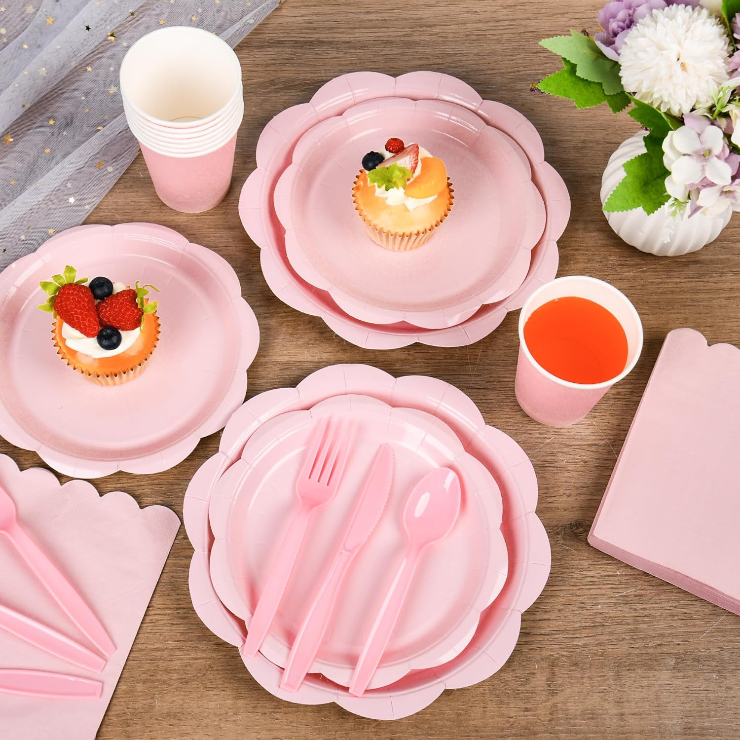 400 Pcs Pink Paper Plates and Napkins Set Party Supplies, Easter Party Tableware set for 50 Guest include Disposable Pink Scalloped Plates Napkins Knives Forks Spoons Cups for Baby Shower Wedding