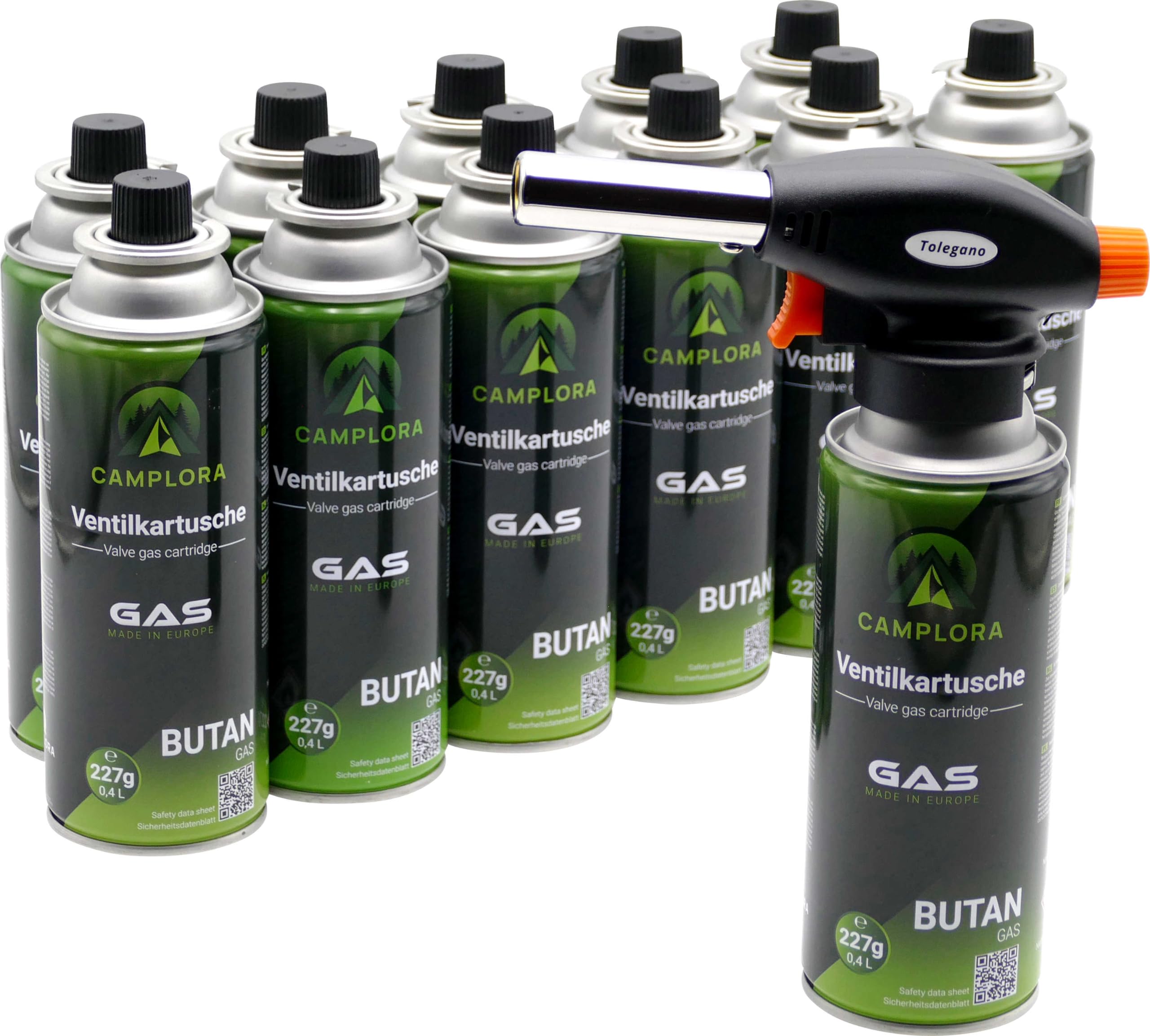 CAMPLORA Quemador de gas + 12 cartuchos de gas MSF-1a de 227 g – Encendido piezoeléctrico – 1 kW – Soplete de soldadura Bunsen quemador cocina y taller quemador quemador flambeador quemador de gas