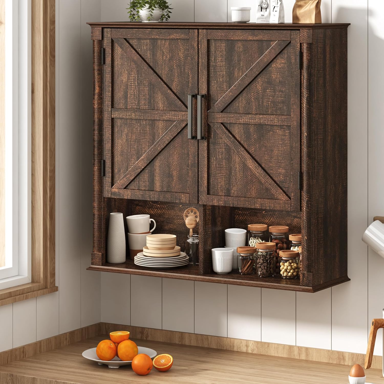 Farmhouse Bathroom Storage Cabinet,Double Wooden Bathroom Wall Cabinet with Roman Column Decor, Farmhouse Medicine Cabinets w Barn Doors,Storage Cabinets Wall Mounted for Kitchen(Wood Brown)