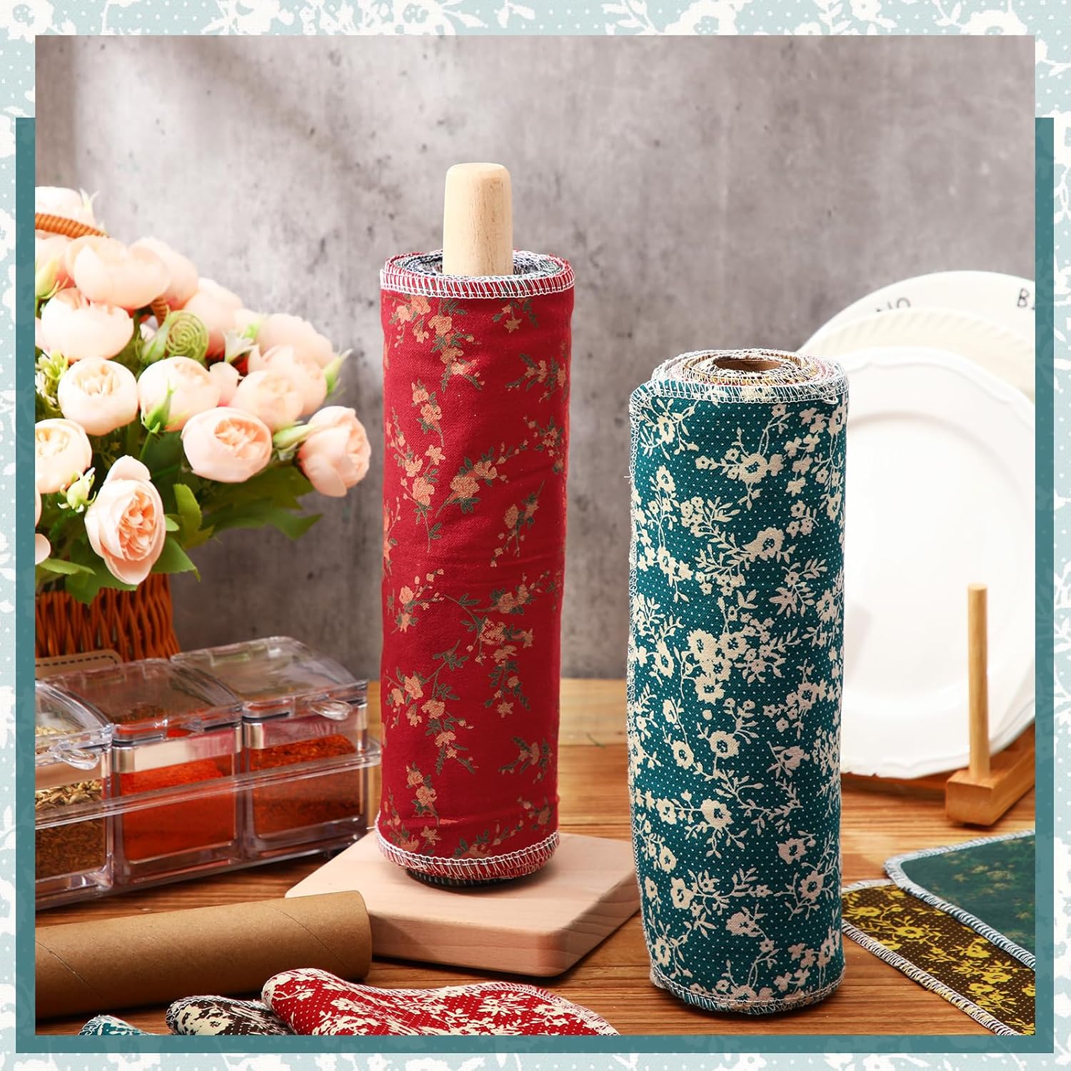 Redbaker 50 Pcs Reusable Paper Towels Paperless Reusable Cotton Cloths Toilet Absorbent Washable Paper Towels with Roll Kitchen Dishcloth for Kitchen Paperless Dishcloths(Floral)