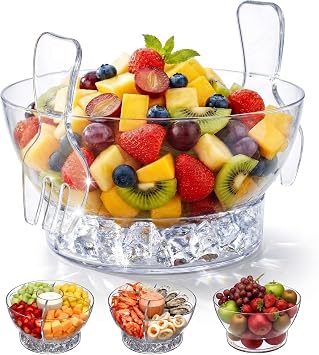 Amazing Abby - Lettuce Chill - Acrylic 5-Quart Salad Bowl with Built-in Ice Base and Compartments, Clear Plastic Serving Bowl with Servers, Keeping Salad Cold and Fresh for Party, Outdoor Dining