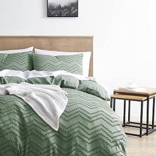 Hearth & Harbor Twin Duvet Cover Set - Boho Bedding Twin Size Duvet Cover, 2 Piece Tufted Double Brushed Green Duvet Cover Twin with Zipper Closure, 1 Boho Duvet Cover 68x90 inches and 1 Pillow Sham