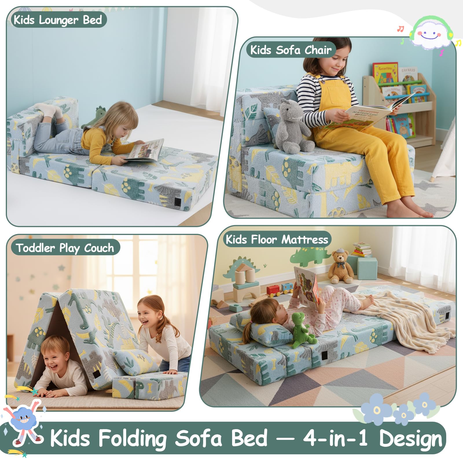 Canapé-lit pour enfants, matelas de sol phosphorescent, canapé modulaire bleu pour bébé, canapé pliable pour enfants, futon convertible, matelas pliable pour salle de jeux, dinosaure vert