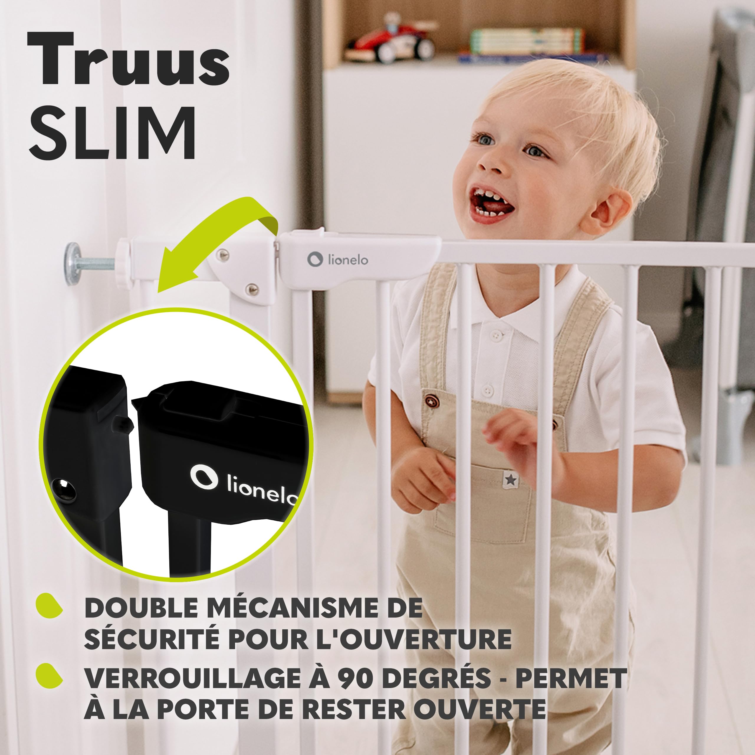 Lionelo Truus Slim Barrière de Sécurité Enfant et Chien 75-105 cm, Barrière Escalier et Porte à Pression sans Perçage, Fermeture Automatique, AutoStop, Double Verrouillage, Ouverture Double Sens