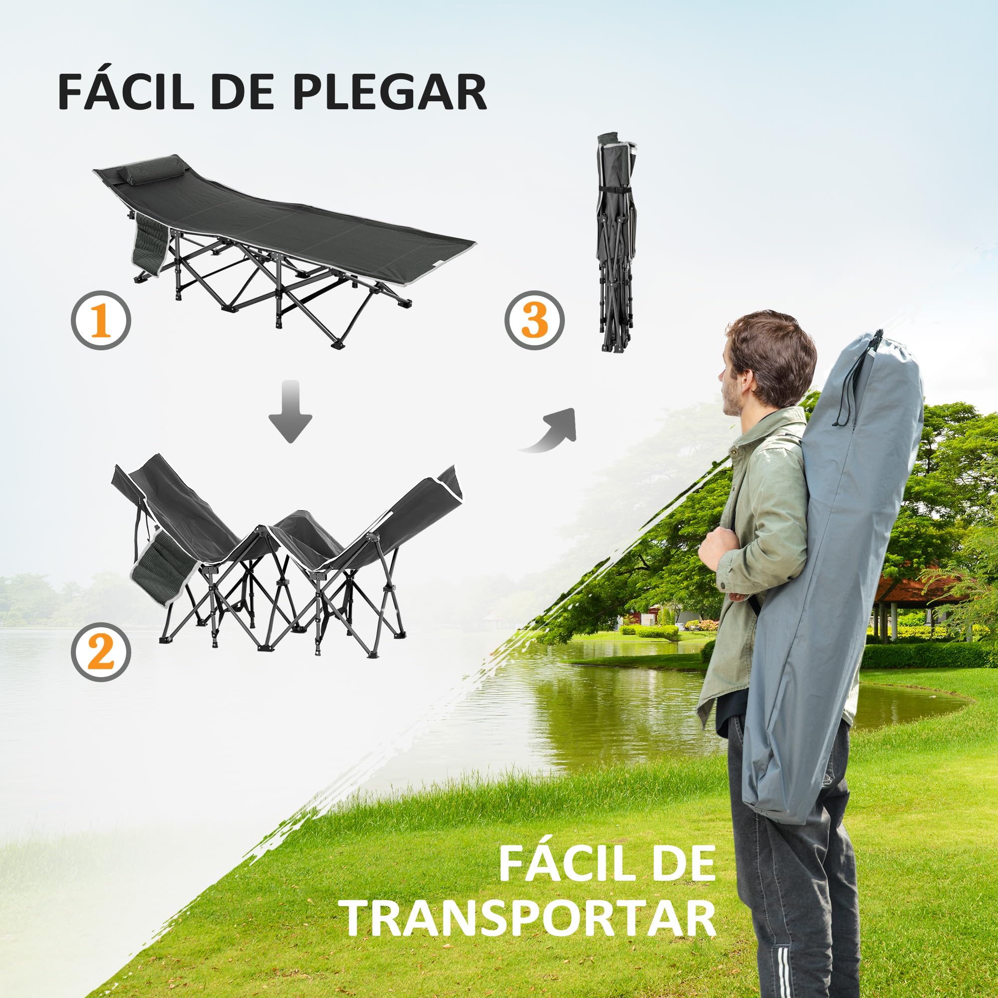 Outsunny Cama de Camping Plegable Cama de Acampada con Cojín Almohada Bolsillo Lateral Bolsa de Transporte y Marco de Acero Carga 150 kg para Playa Senderismo 188x64,5x53 cm Azul