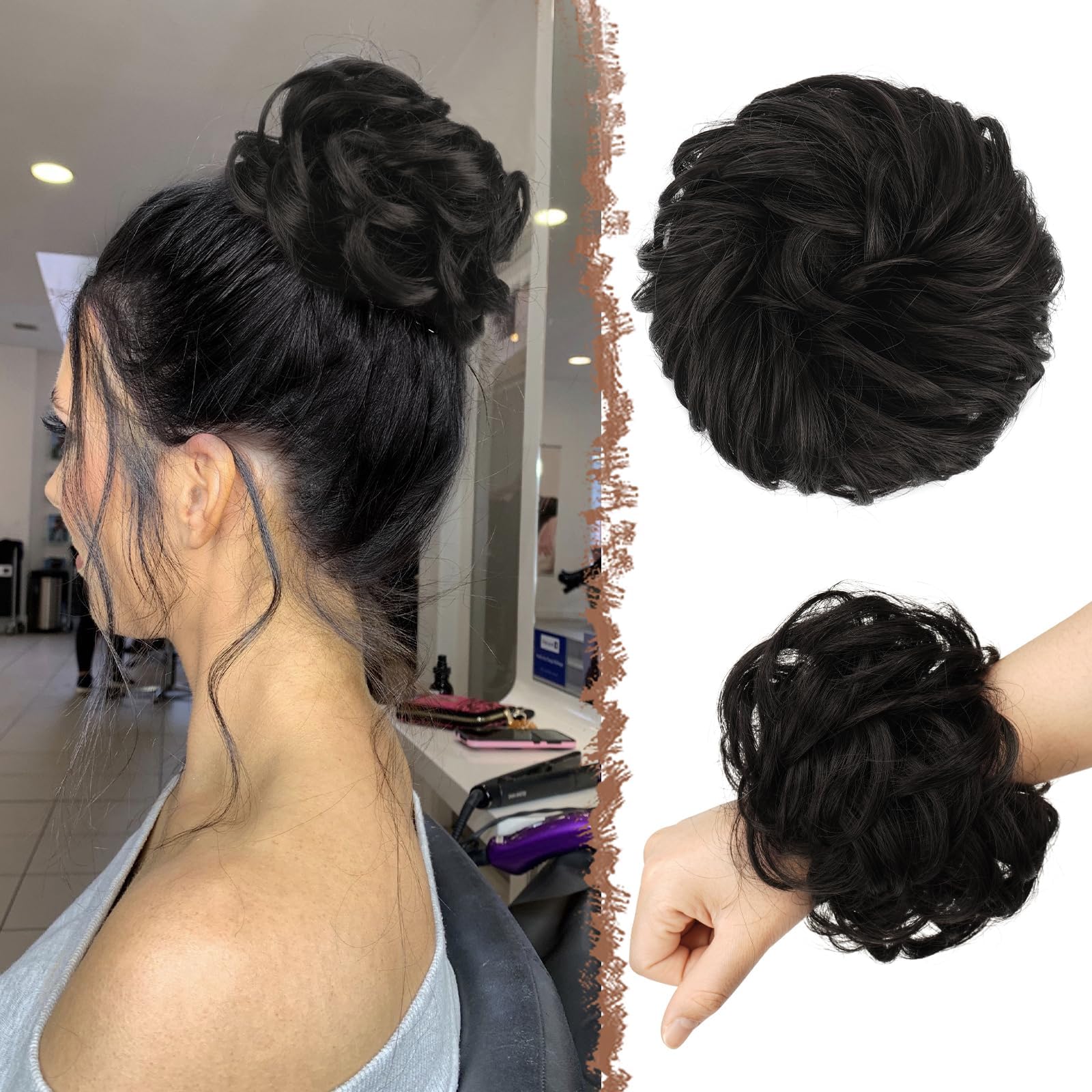 FESHFEN Messy Bun Hair Piece Hairs Scrunchies Thick Curly Wavy Pony Tail Synthetic Accessories Donut Updo Hairpieces for Women Girls 55g, Black Brown