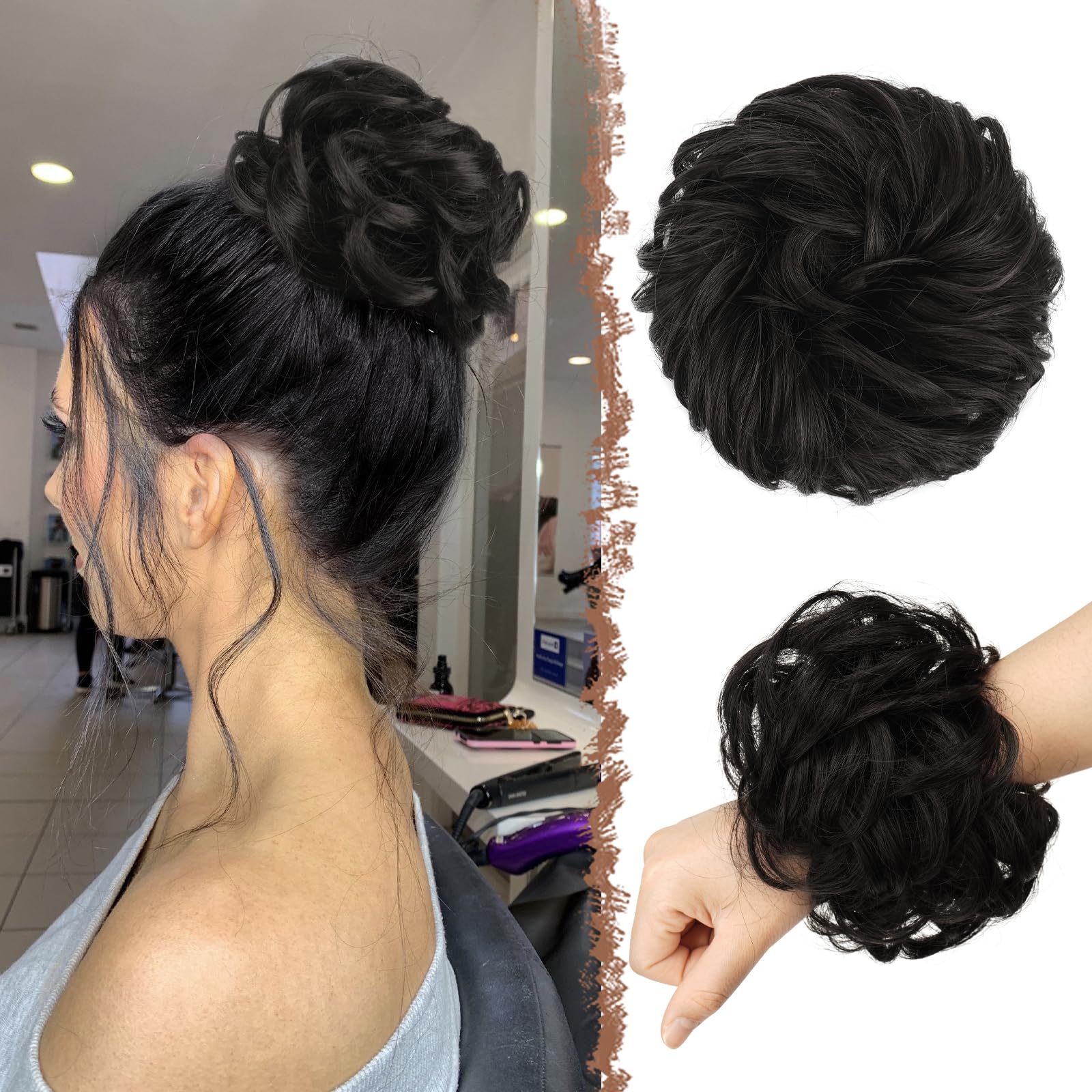 FESHFEN Messy Bun Hair Piece Hairs Scrunchies Thick Curly Wavy Pony Tail Synthetic Accessories Donut Updo Hairpieces for Women Girls 55g, Black Brown