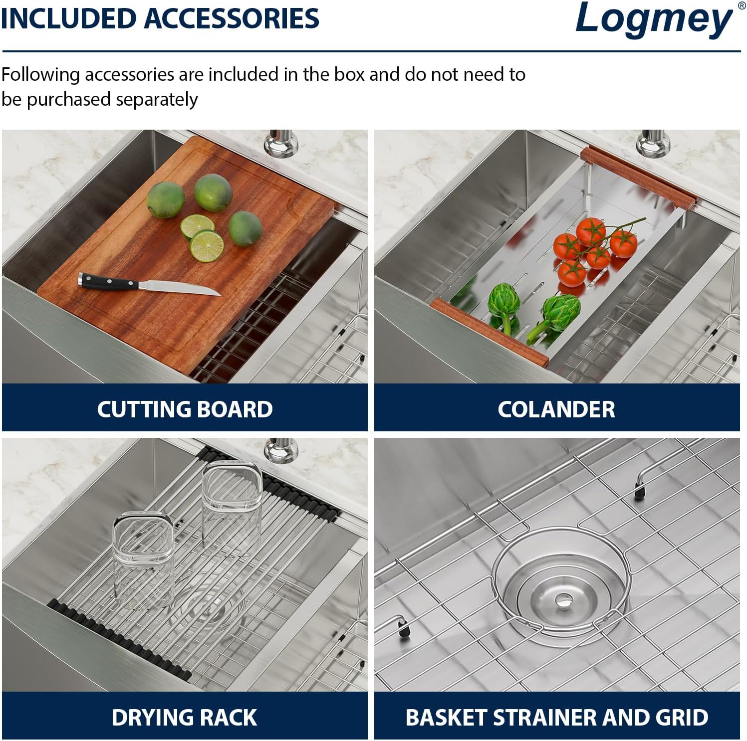 Logmey 33x21 Double Bowl Kitchen Sink 60/40 Farmhouse Sink 16 Gauge Stainless Steel Apron Front Farmer Kitchen Sinks Ledge Workstation Low Divide Double Basin Farm Sink 33x21x9