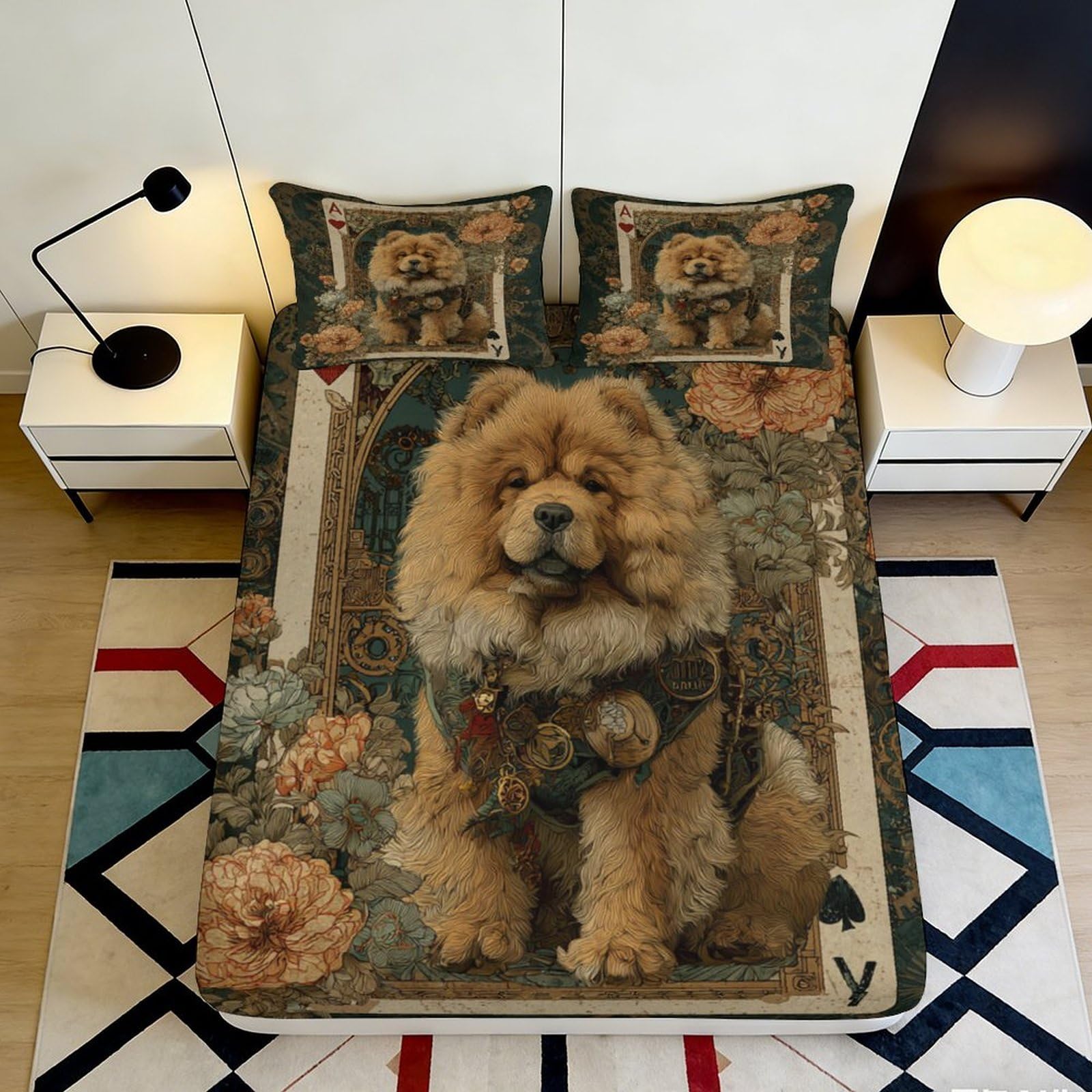 3D Printed Retro Dog Pattern Fitted Sheet Microfiber Deep Pocket Elastic Hem Retro Dog Mattress Fitted Cover for Bedroom 180x200x25cm