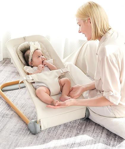 Miniatura 2 de Fodoss Moisés de bebé portátil para bebés, moisés portátil con ruedas, cuna de bebé ajustable de 7 alturas para bebés, beige