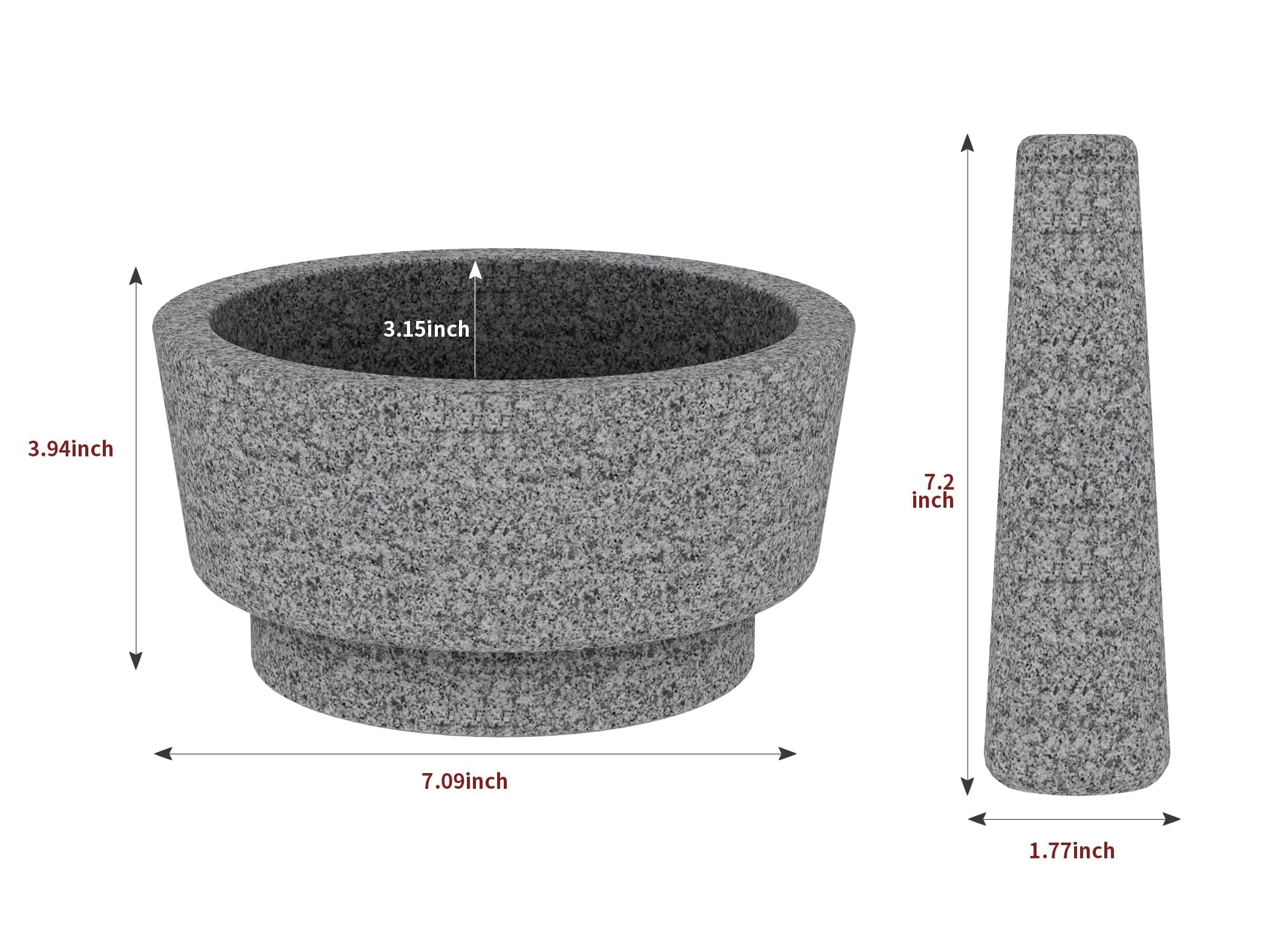 Mortero y pilón – Cuenco de granito sin pulir para moler especias, mortero de salsa de aguacate para el día familiar y mortero de 7.1 pulgadas, 5.5 tazas, molcajete mexicano, molinillo manual de