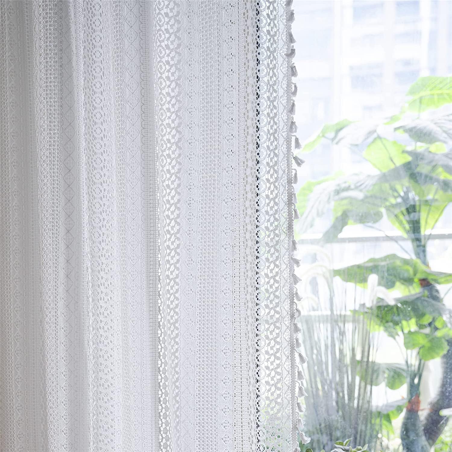 Sutuo Home Boho Sheer Curtain 108 Inches Long, Crochet Lace with Bohemian Hollow Knitted Handmade Tassels,Vintage Farmhouse Window Treatment for Bedroom, Rod Pocket, 1 Panel 59" W x 108" L, White