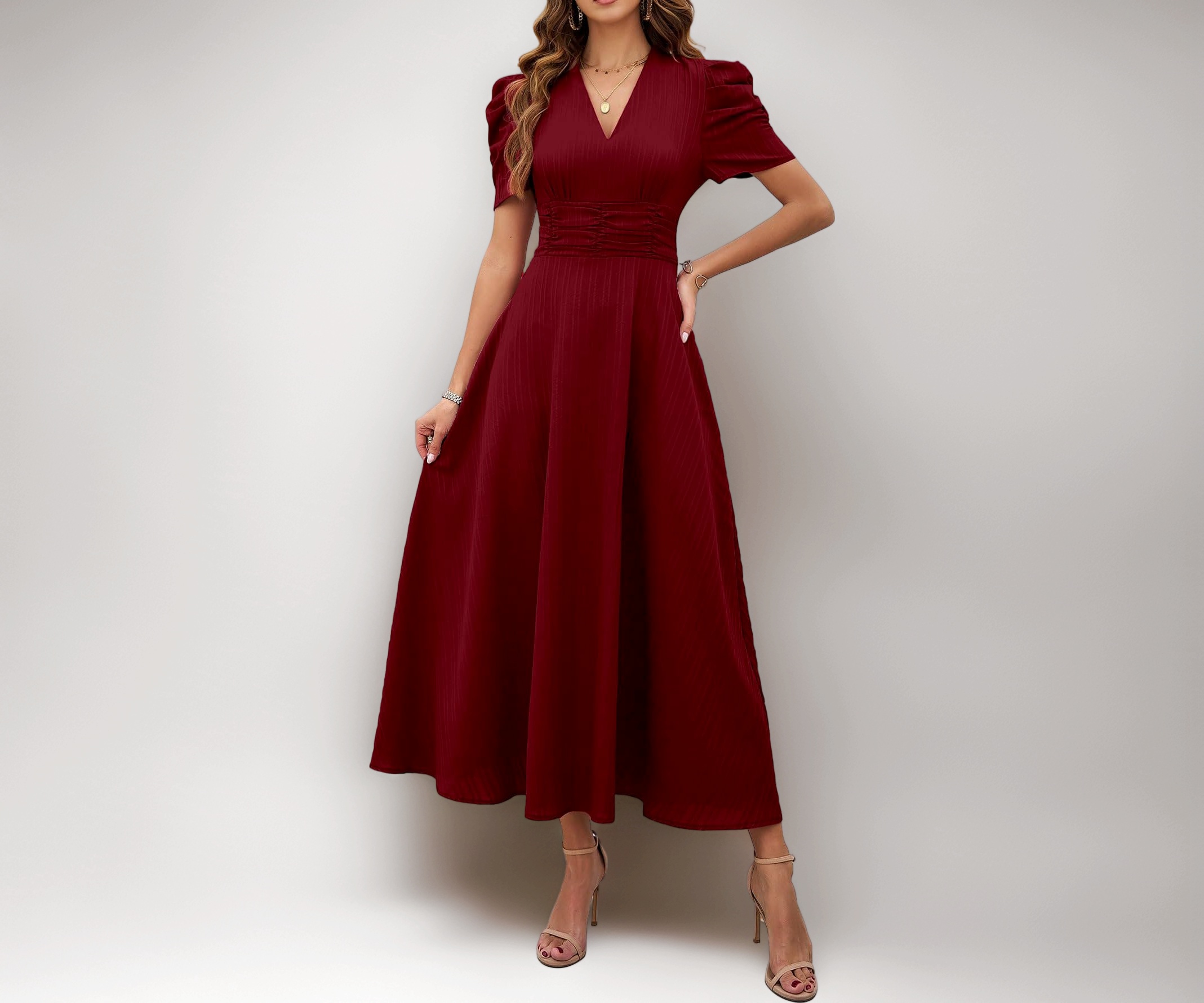 Shasmi Girl's & Women's Solid Color V-Neck A-Line Maxi Dress for Women | New Year Party Outfit | Waist Cinched Puff Sleeve Western | Elegant Casual We