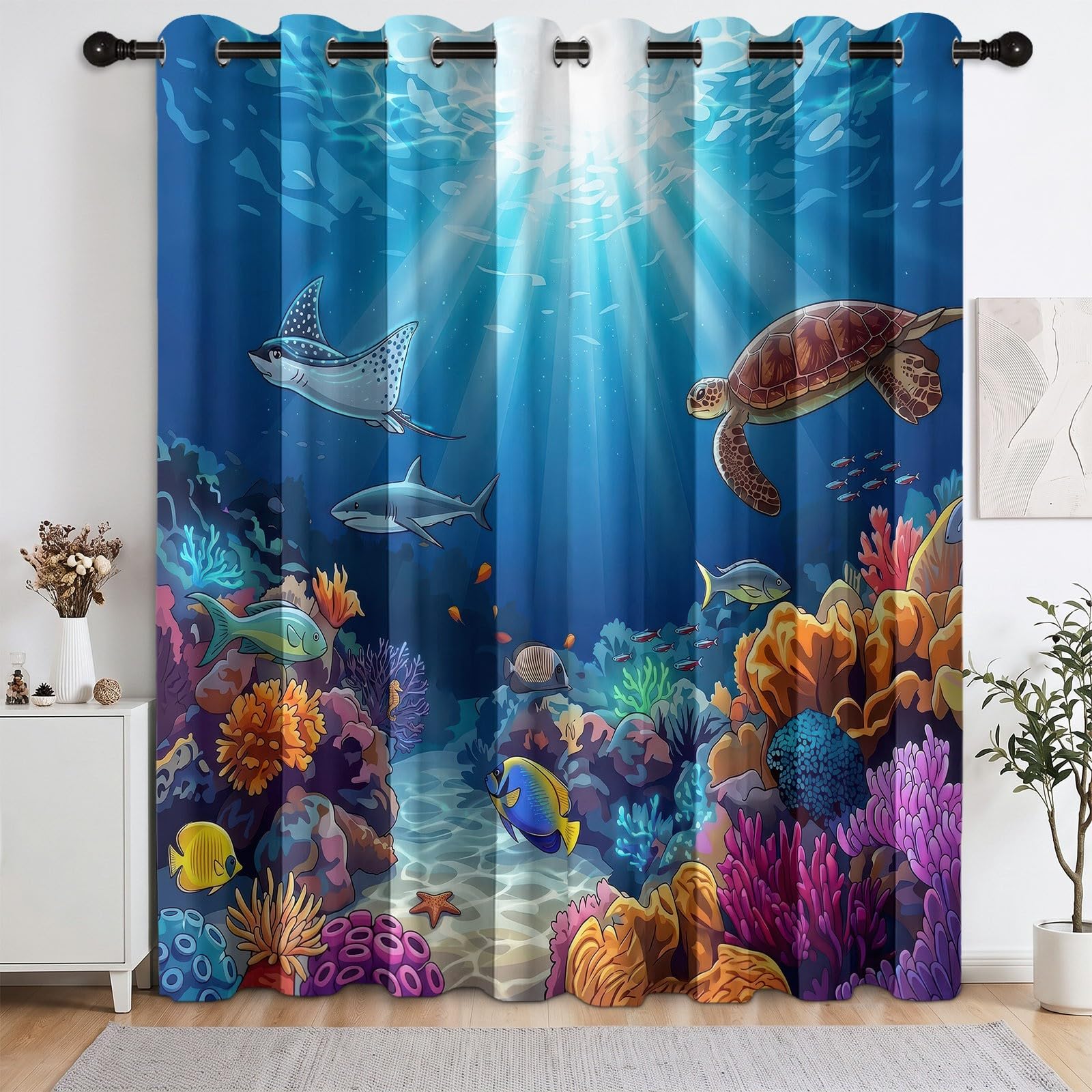 Tende oscuranti con animali marini, barriera corallina, tartaruga marina, per ragazzi e ragazze, tende oscuranti con occhielli, per cameretta dei bambini, camera da letto, 175 x 140 cm (altezza x